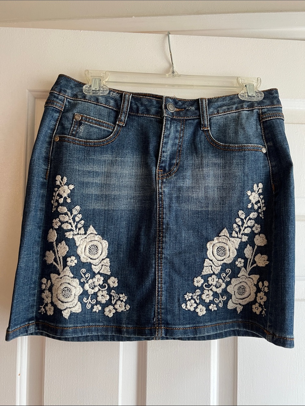 Stetson Dark Blue Denim Mini Skirt with White Floral Embroidery